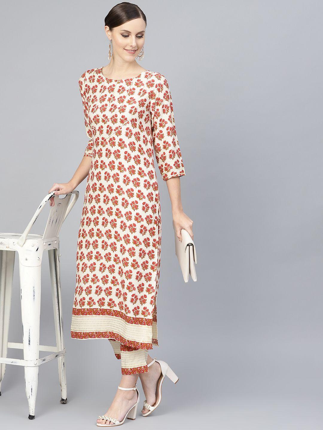 ahalyaa women off-white & rust red printed kurta with trousers
