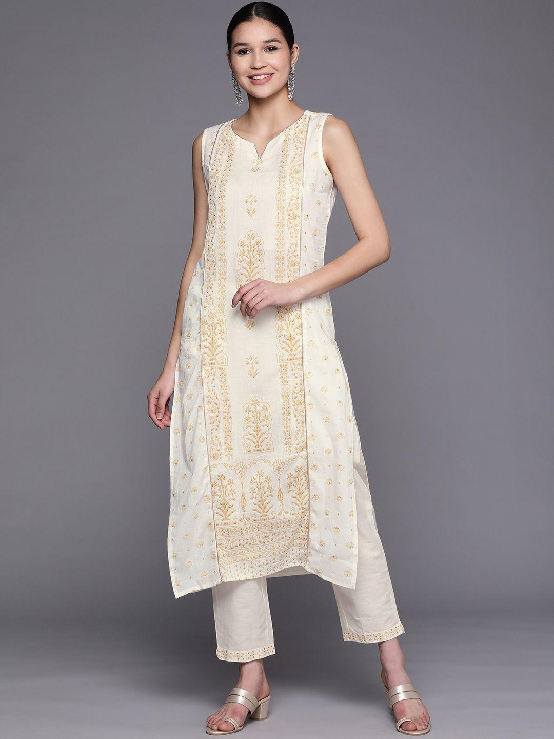 ahalyaa women off white floral printed pure cotton kurta with trousers