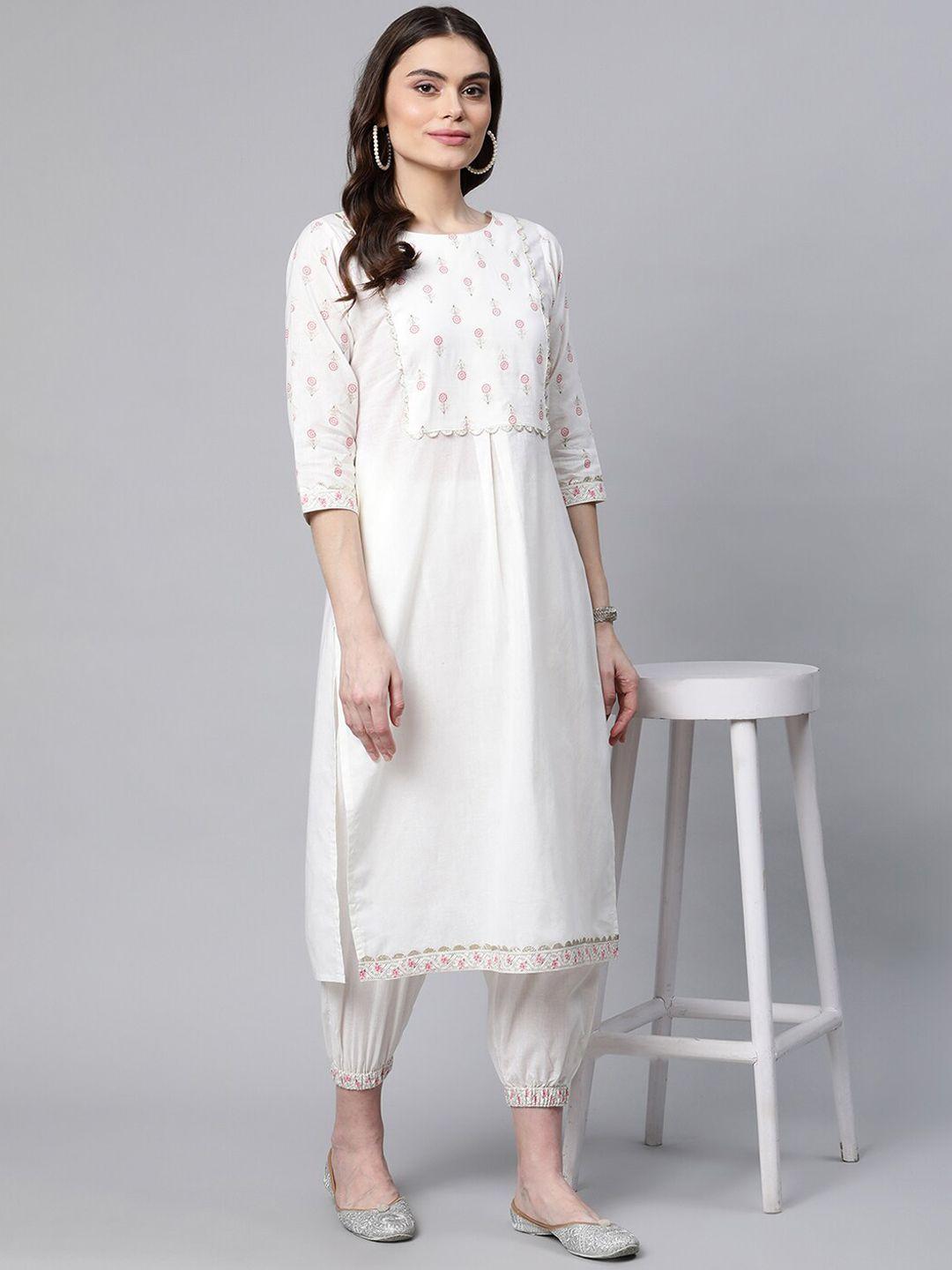 ahalyaa women off white floral yoke design gotta patti pure cotton kurta with trousers