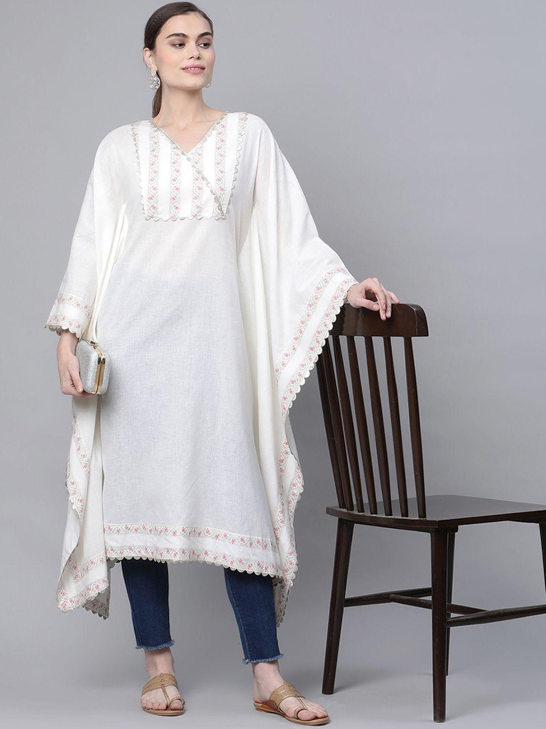 ahalyaa women off white yoke design flared sleeves pure cotton kaftan kurta