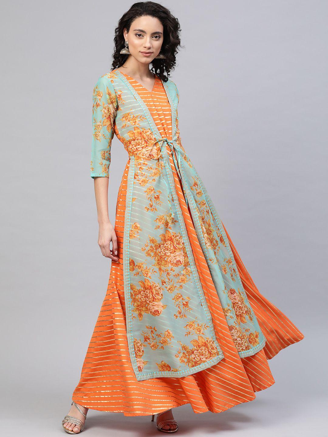 ahalyaa women orange & golden foil print striped anarkali kurta with layered jacket