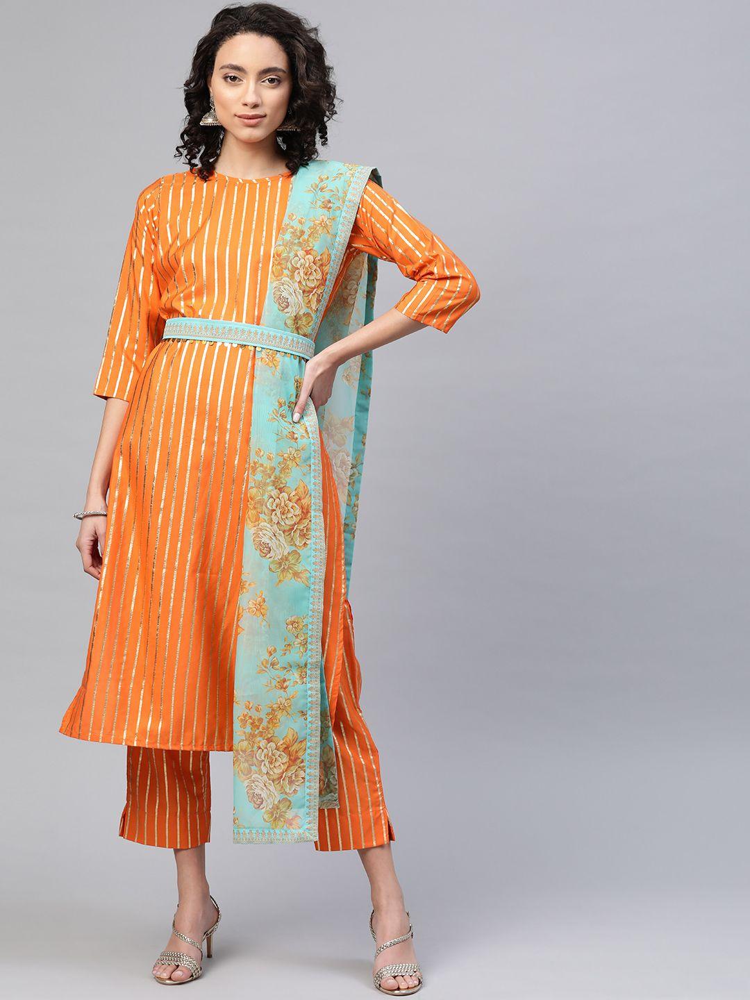 ahalyaa women orange & golden striped kurta with trousers & dupatta