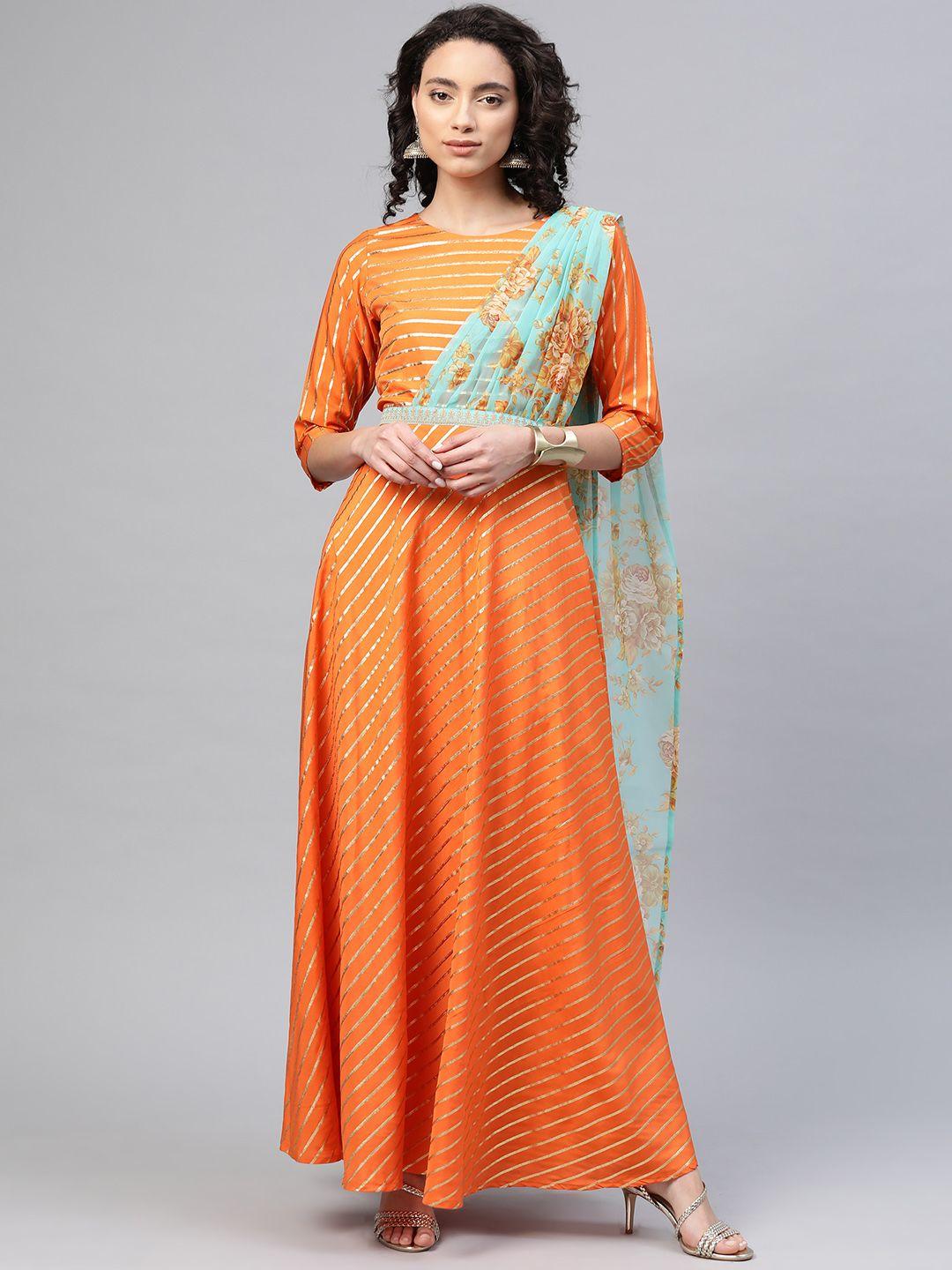 ahalyaa women orange foil print striped anarkali dress with attached dupatta