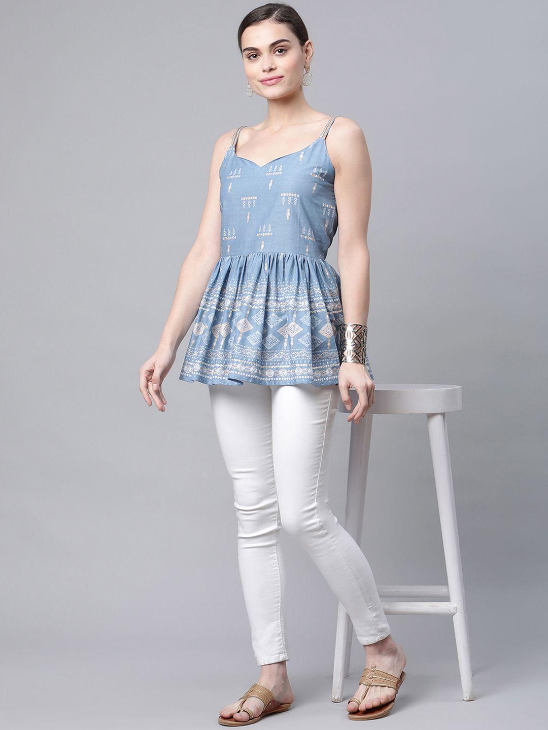 ahalyaa women pastel blue & white printed cotton tunic