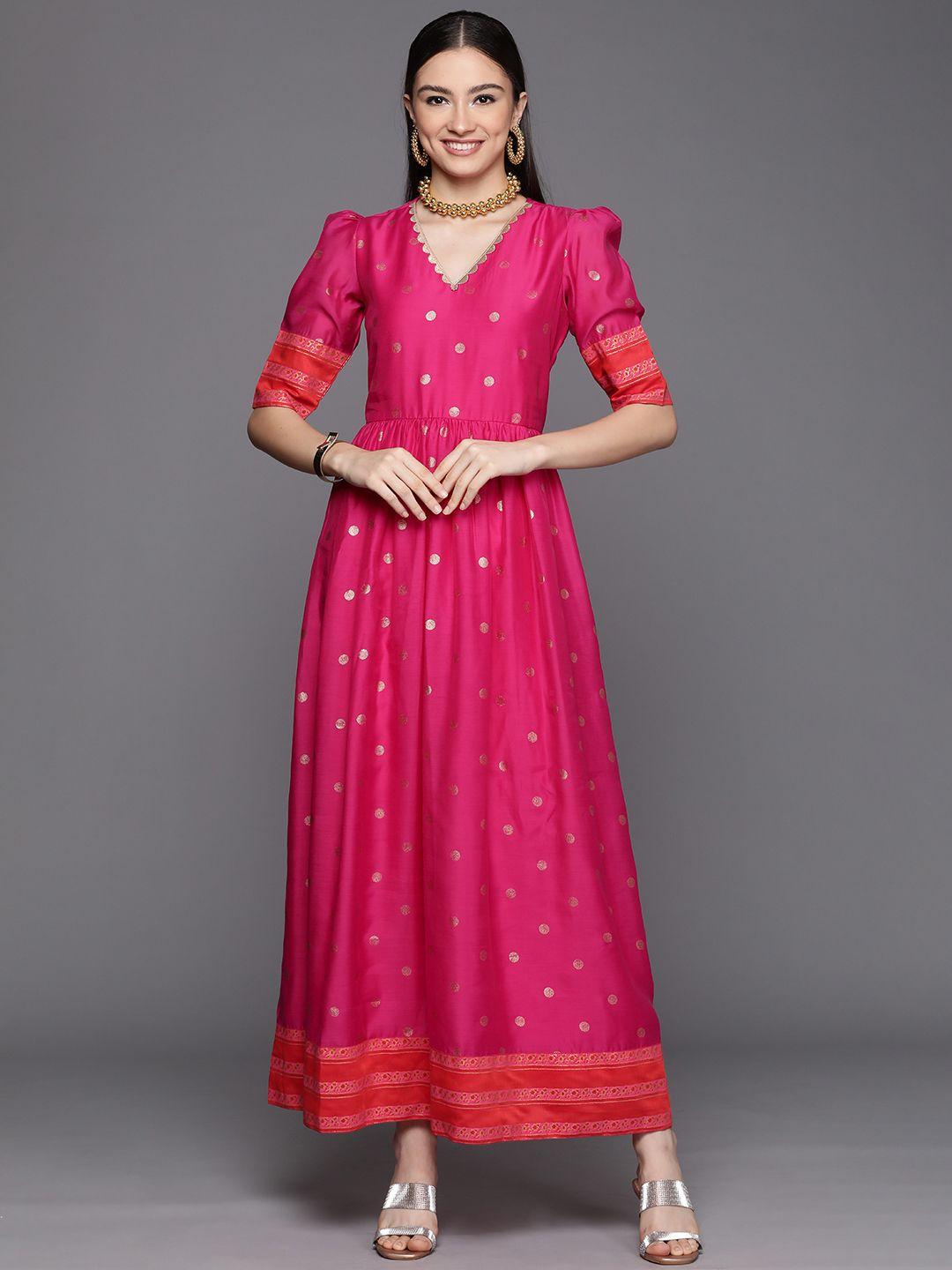 ahalyaa women pink & orange polka dots print a-line maxi dress