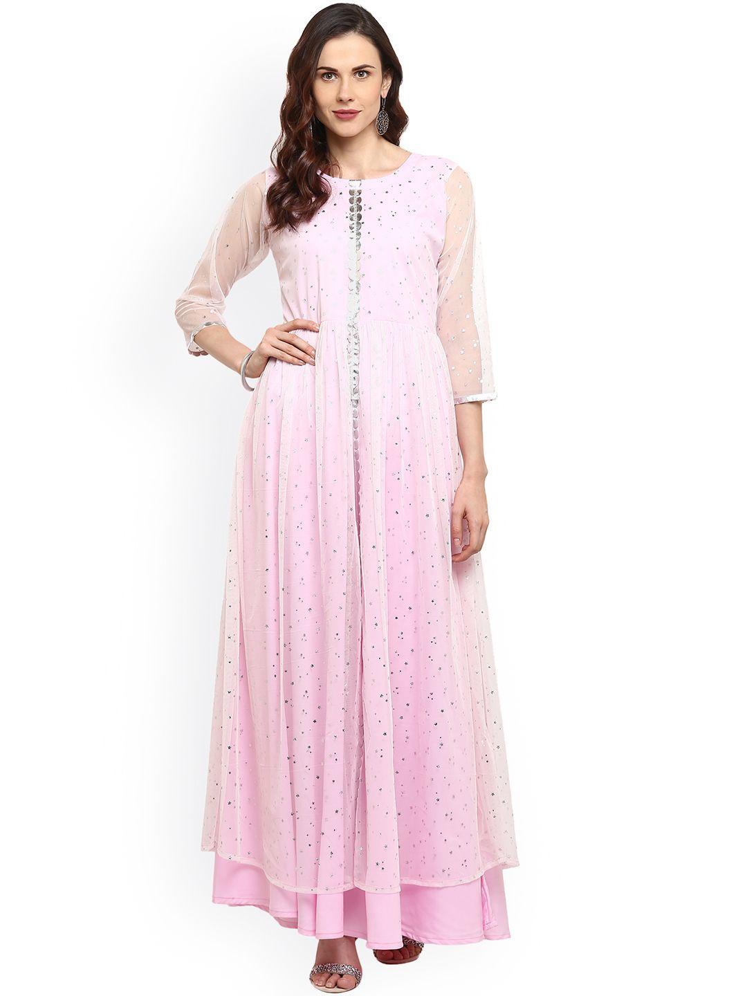 ahalyaa women pink & silver printed net layered maxi dress