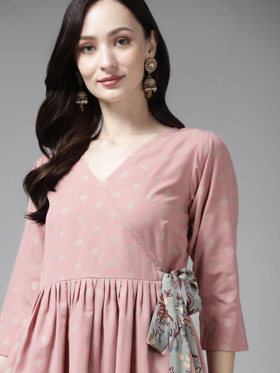 ahalyaa women pink ethnic motifs printed angrakha kurti with palazzos