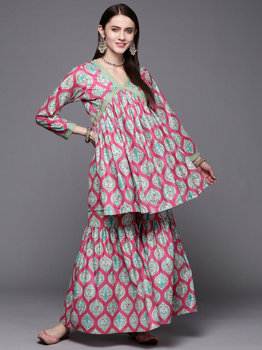 ahalyaa women pink ethnic motifs velvet kurta with sharara