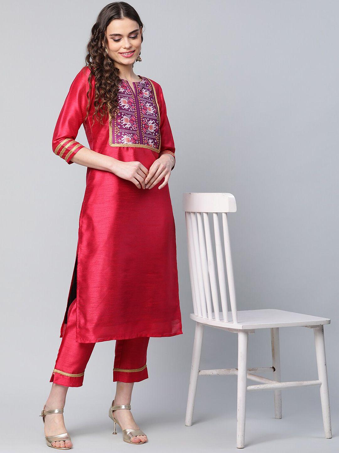 ahalyaa women pink tribal yoke design kurta with trousers