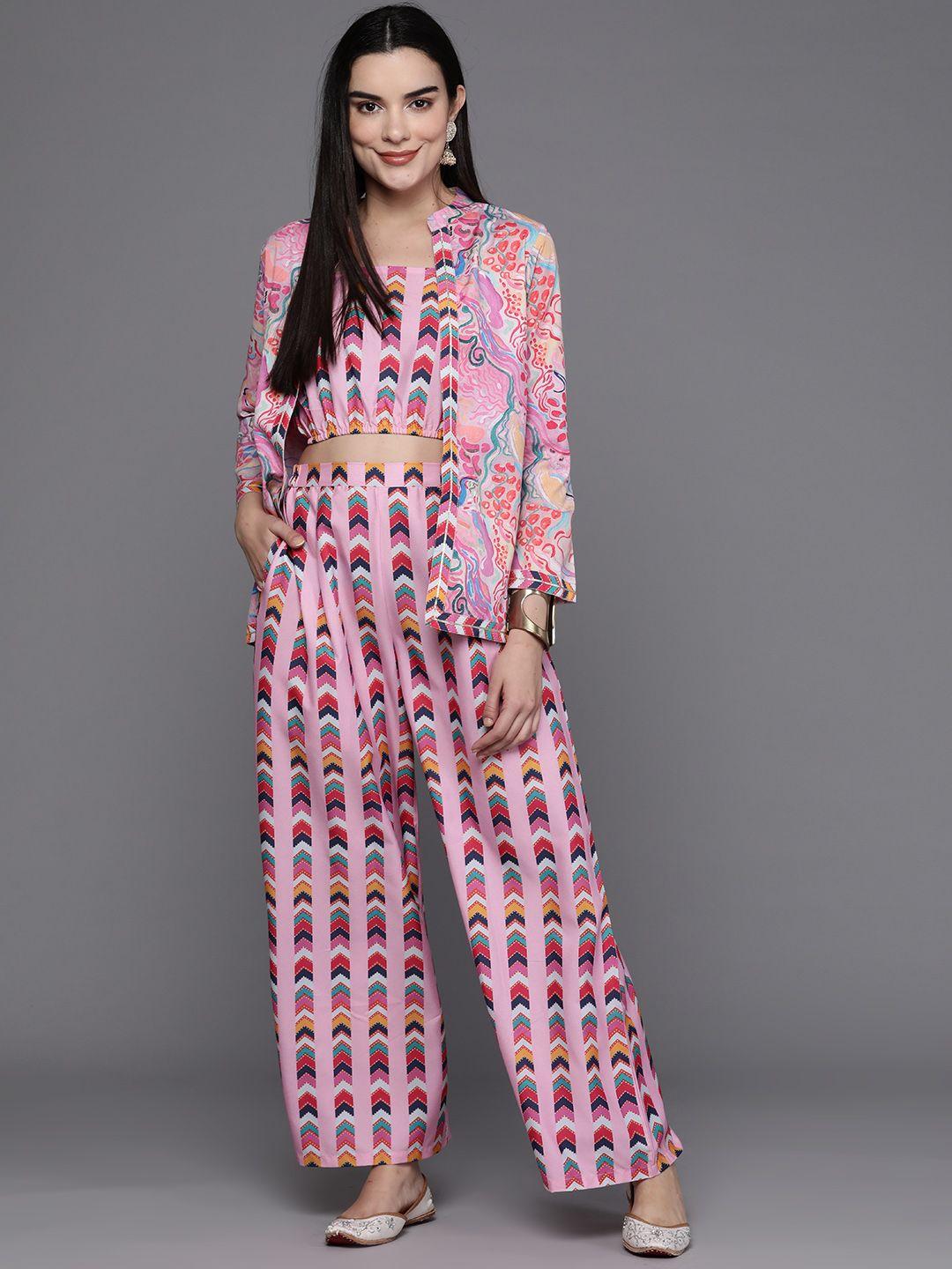 ahalyaa women printed crop top with palazzos & jacket