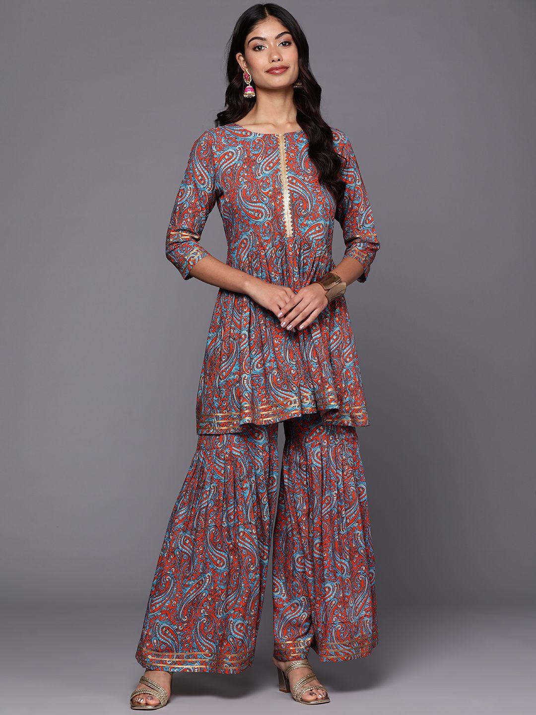 ahalyaa women printed tunic & palazzos with gotta patti detail