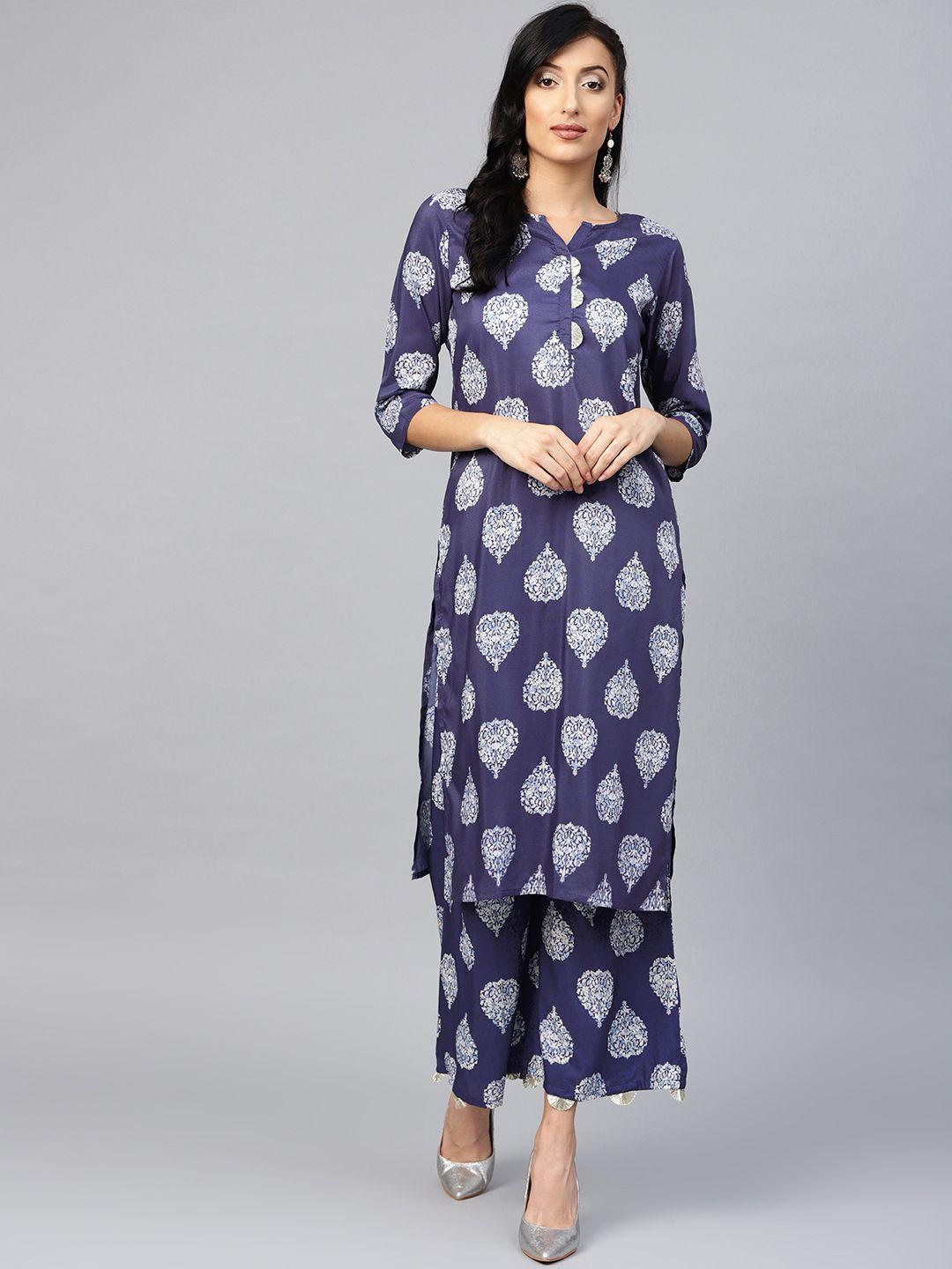 ahalyaa women purple & off-white printed kurta with palazzos