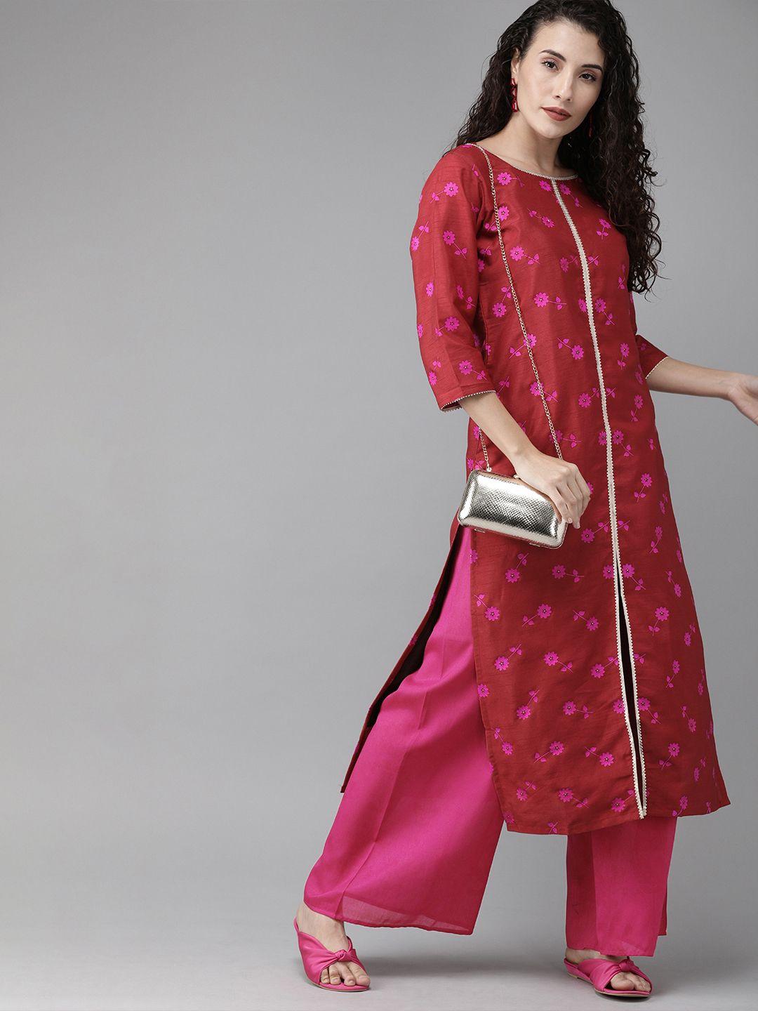 ahalyaa women red & pink printed kurta with palazzos