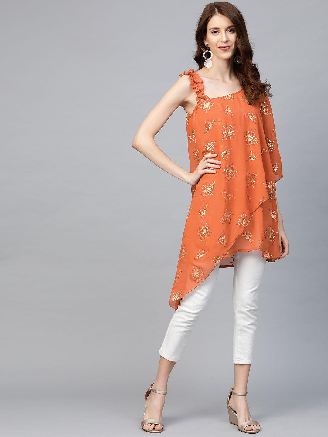 ahalyaa women rust orange & golden printed one sleeve asymmetric layered tunic
