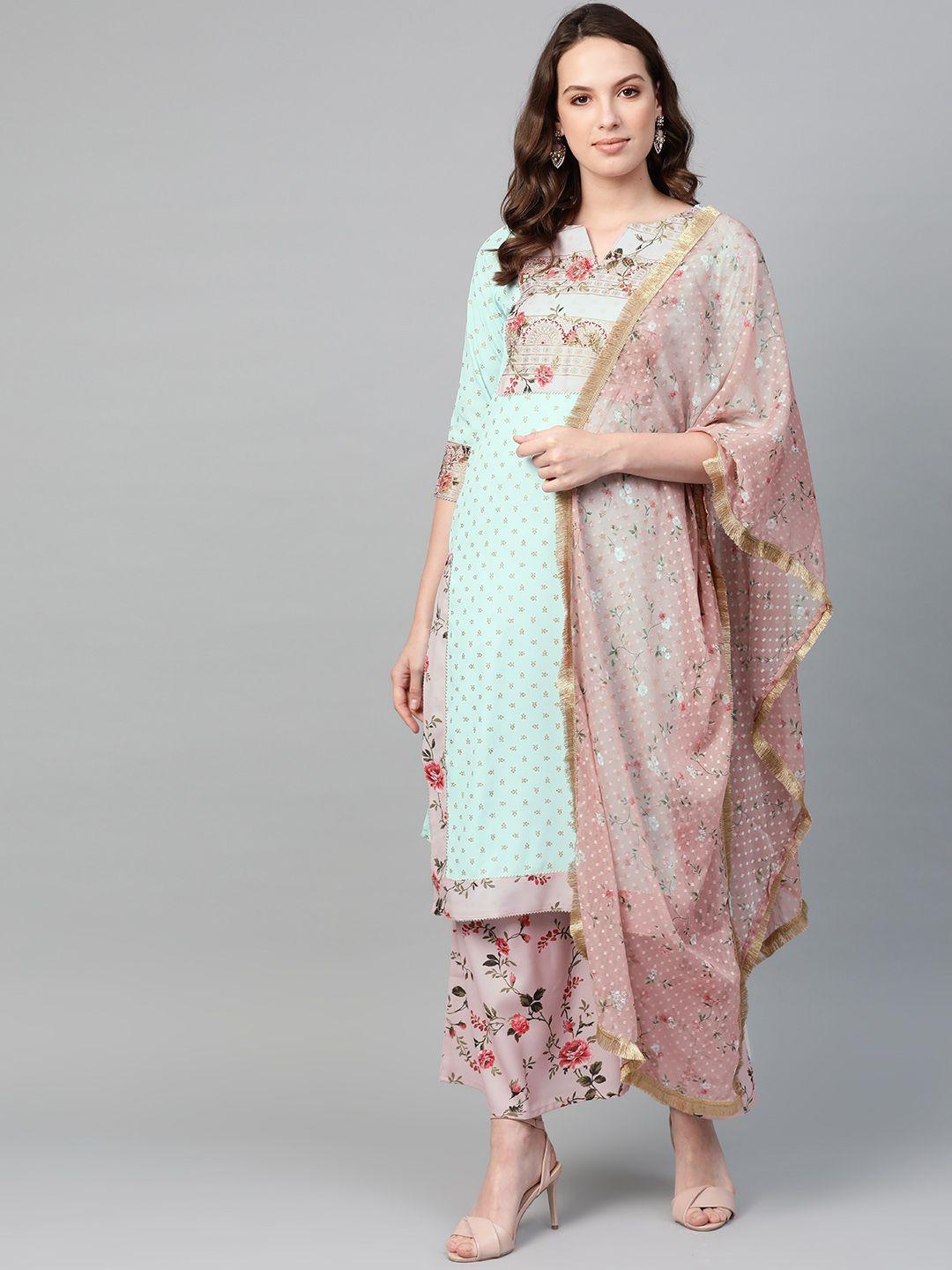 ahalyaa women sea green & pink printed straight kurta with palazzos & dupatta