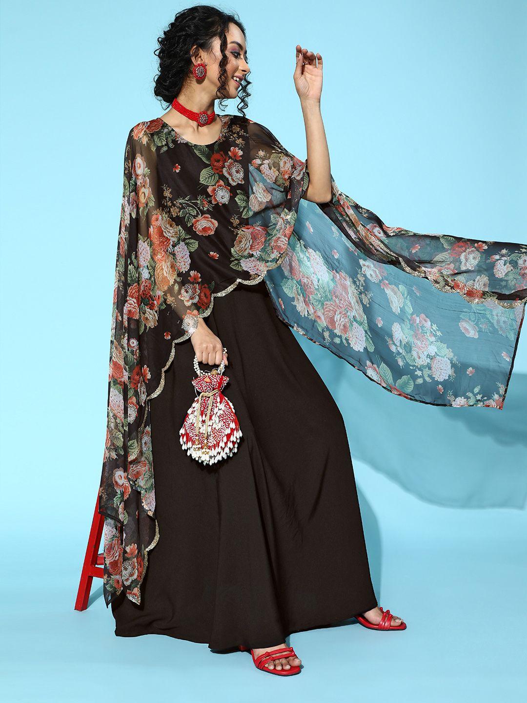 ahalyaa women stylish black floral swirling volume dress
