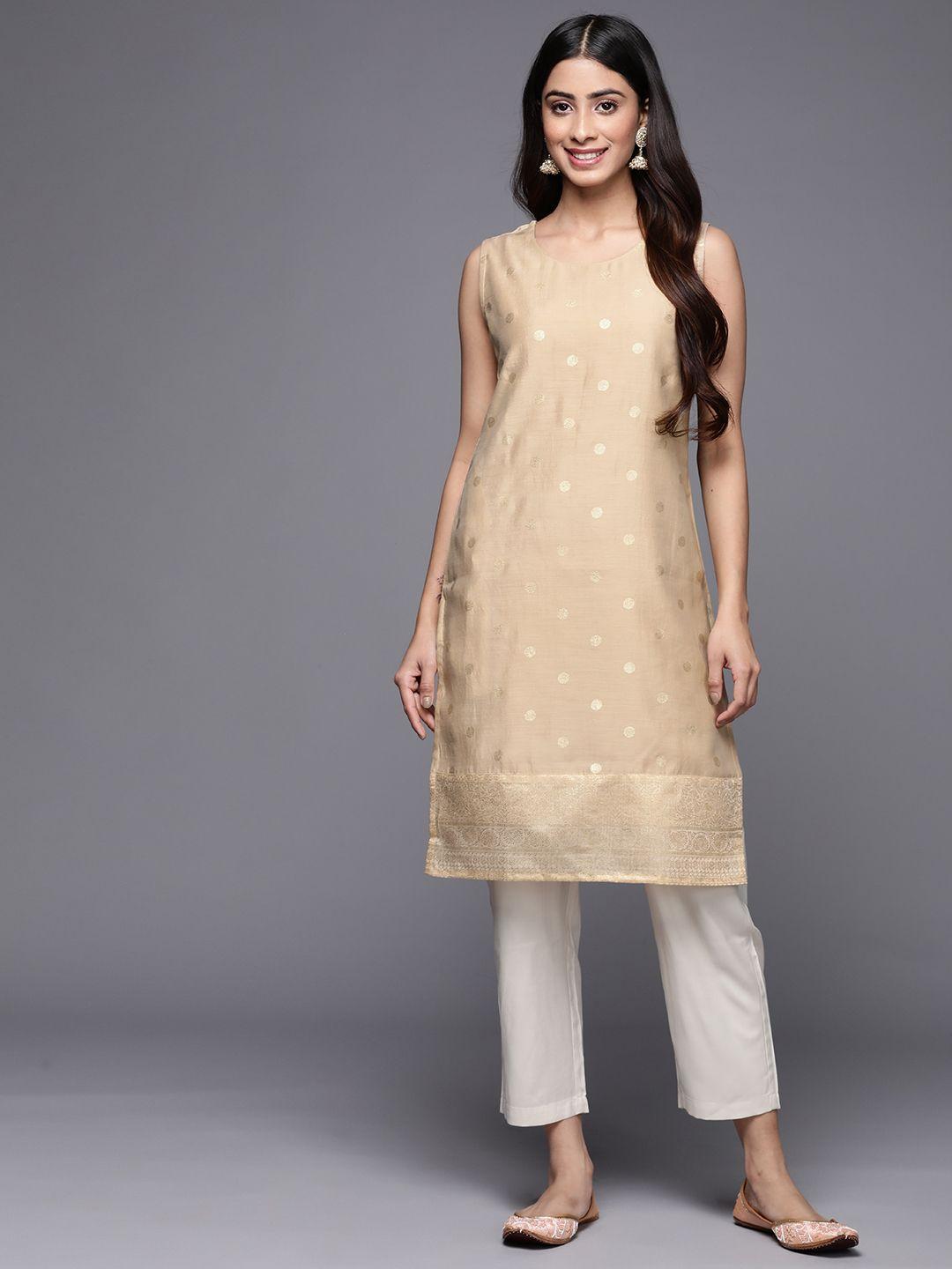 ahalyaa women tan & gold-toned geometric printed kurta