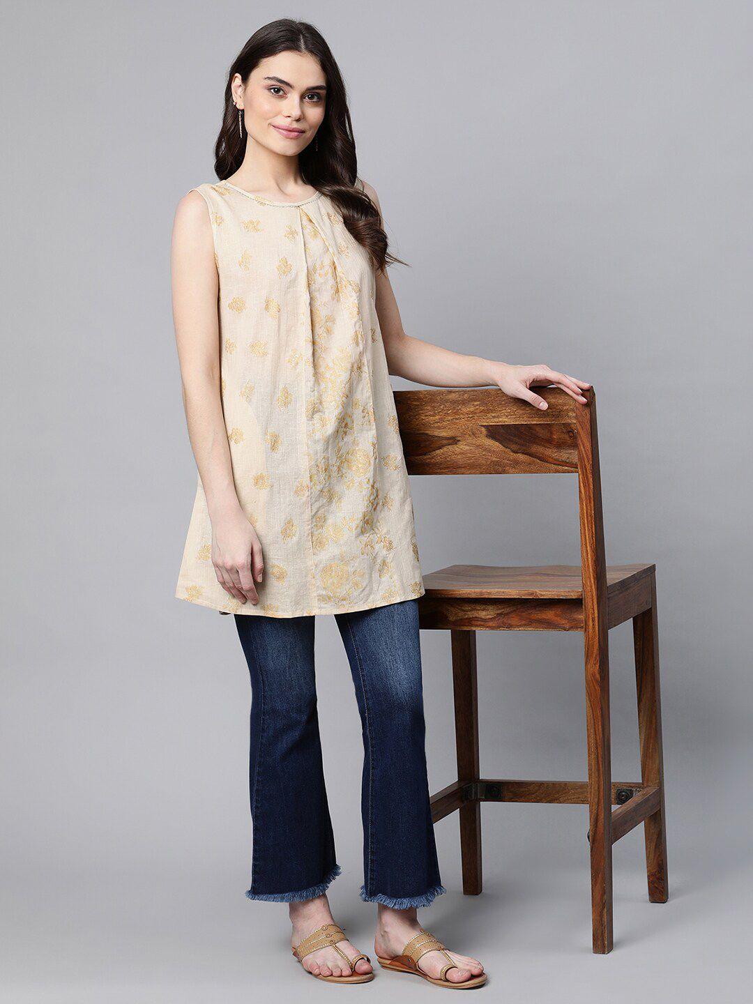 ahalyaa women tan gold-toned boat neck printed cotton tunic