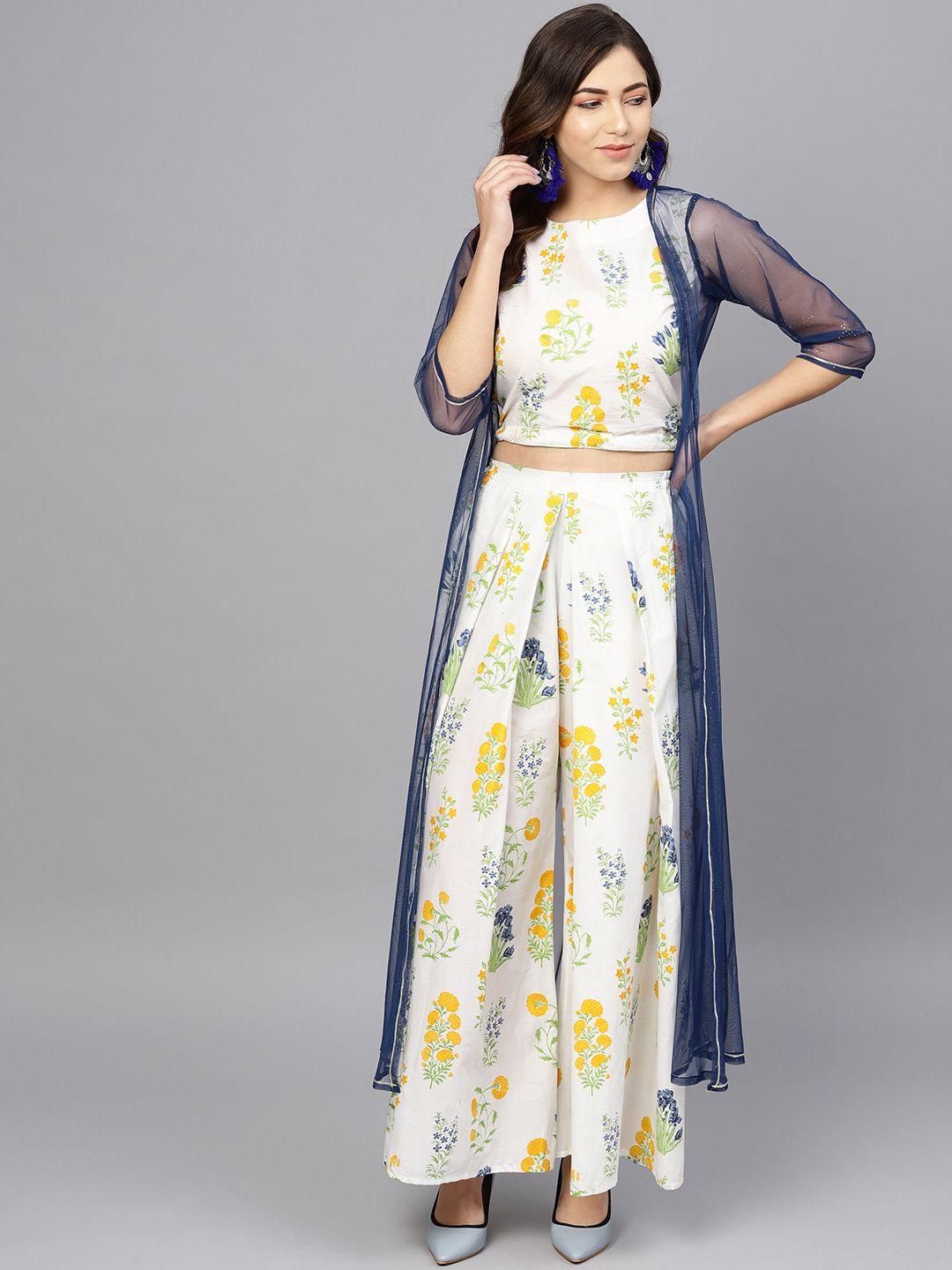 ahalyaa women white & blue printed crop top with palazzos & ethnic jacket