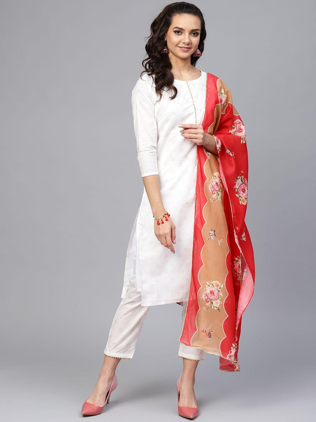 ahalyaa women white & golden printed kurta with trousers & dupatta