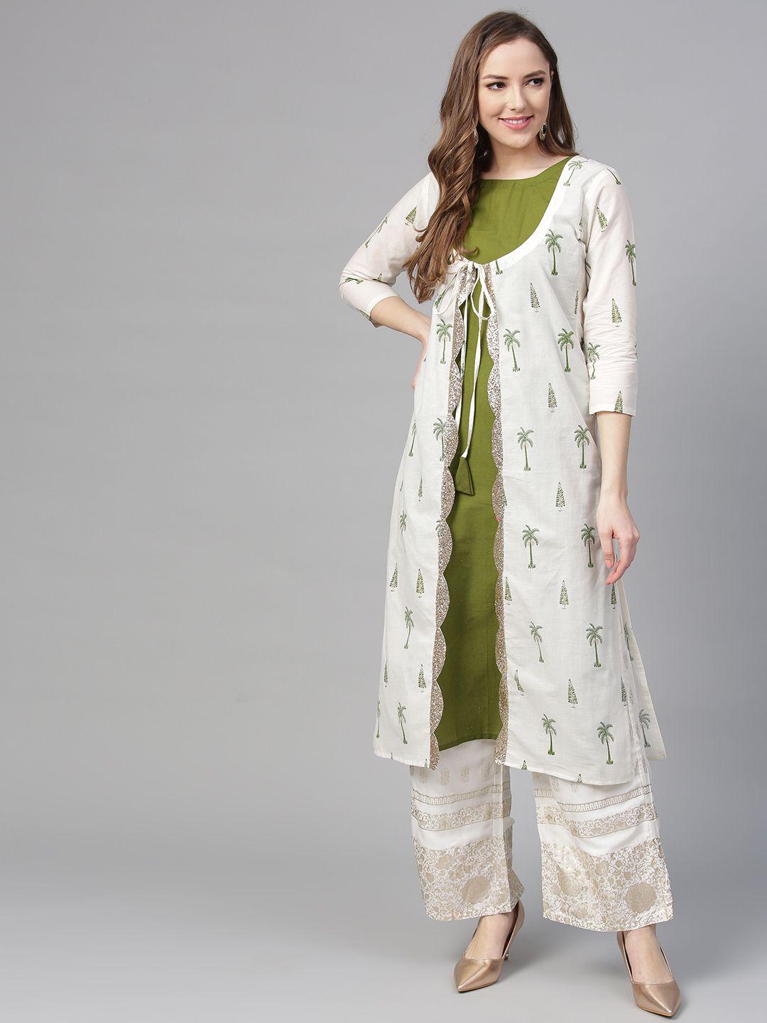 ahalyaa women white olive green printed layered a-line cotton kurta