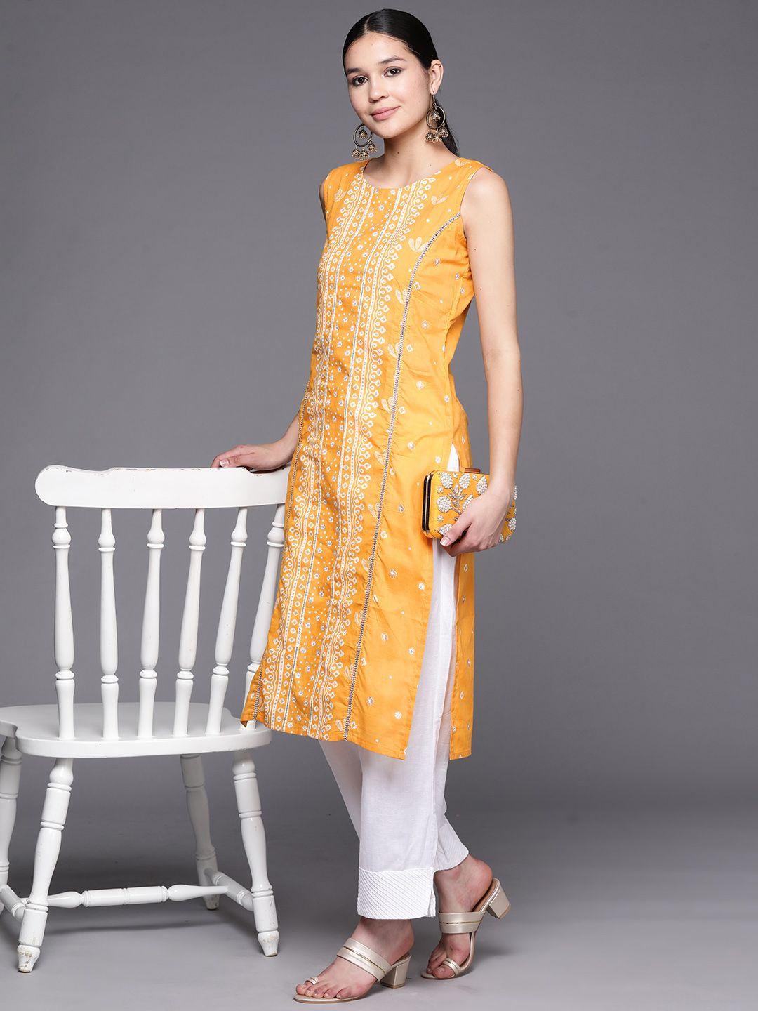 ahalyaa women yellow & off white printed pure cotton gotta patti kurta