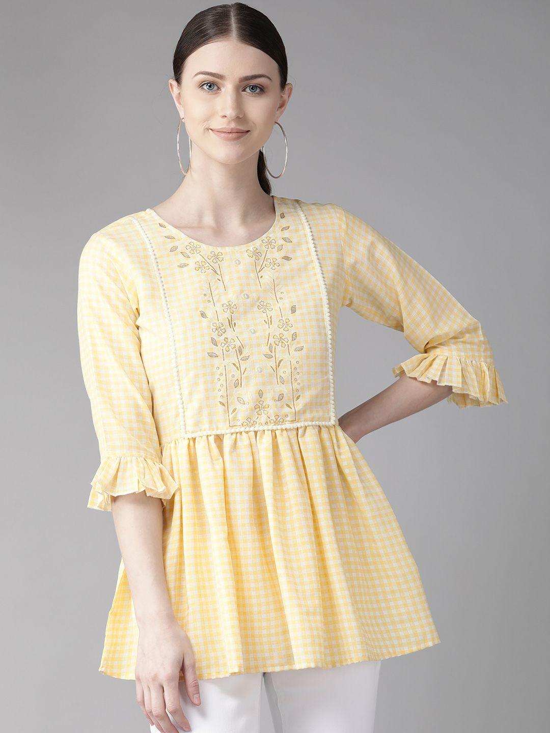 ahalyaa women yellow & white checked a-line top