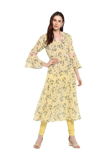 ahalyaa yellow floral print georgette kurta