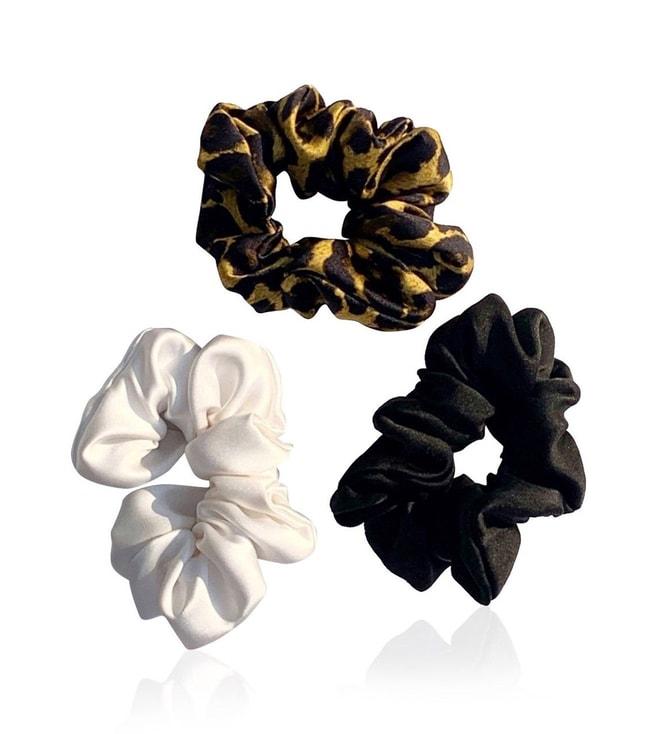 ahe naturals mulberry silk hair scrunchies set of 3 leopard print, pearl, jet black