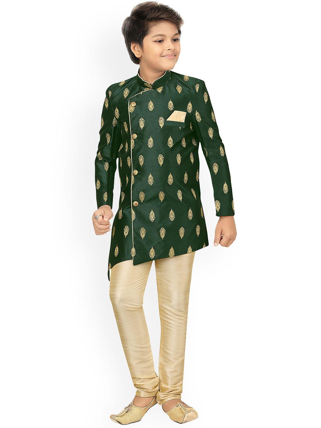 ahhaaaa boys green woven design sherwani set