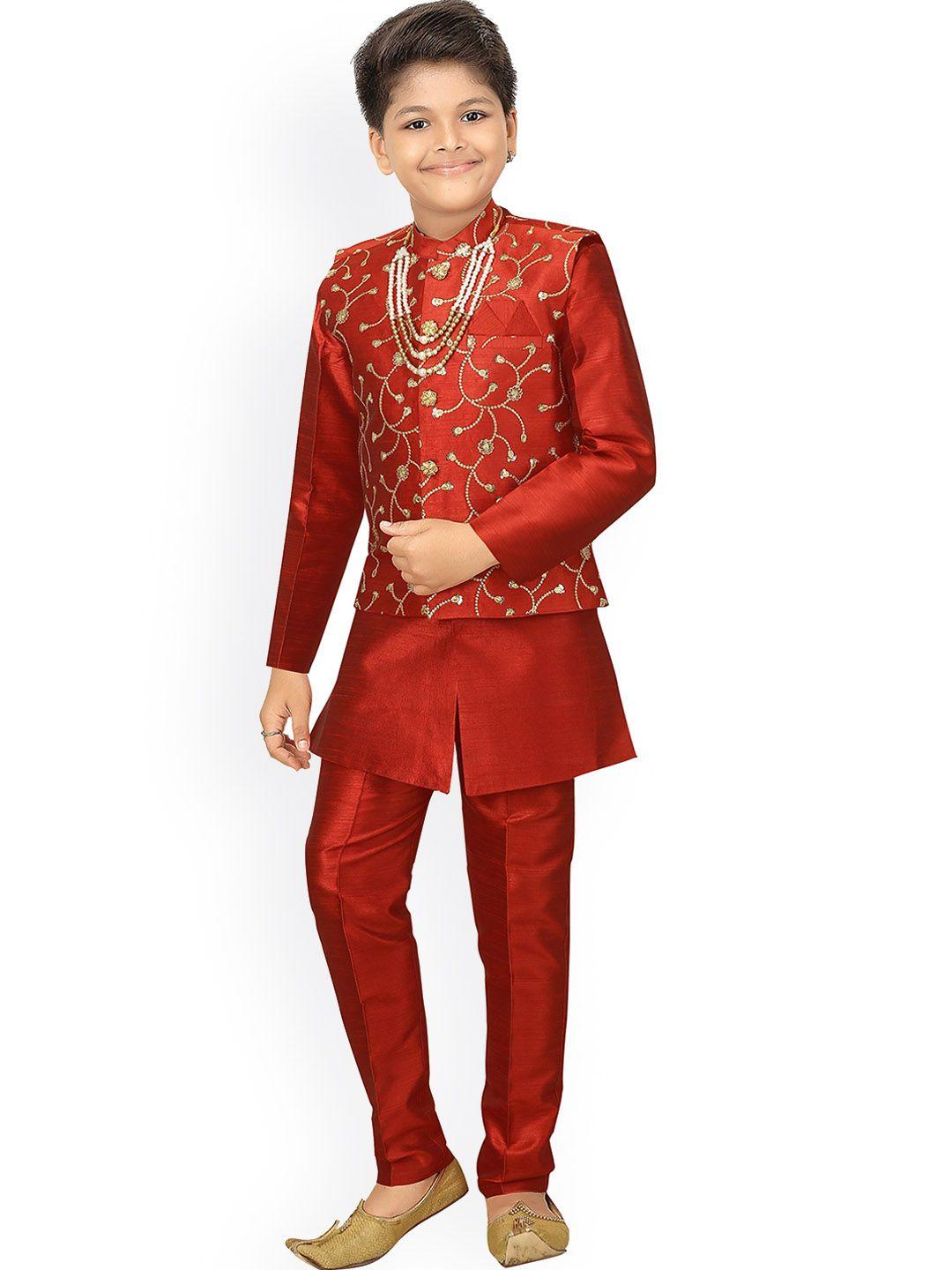 ahhaaaa boys maroon self design sherwani with waistcoat set