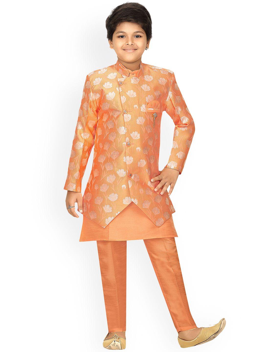 ahhaaaa boys orange silver-coloured printed sherwani set