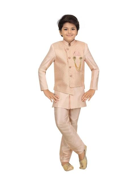 ahhaaaa kids beige cotton embroidered full sleeves kurta set