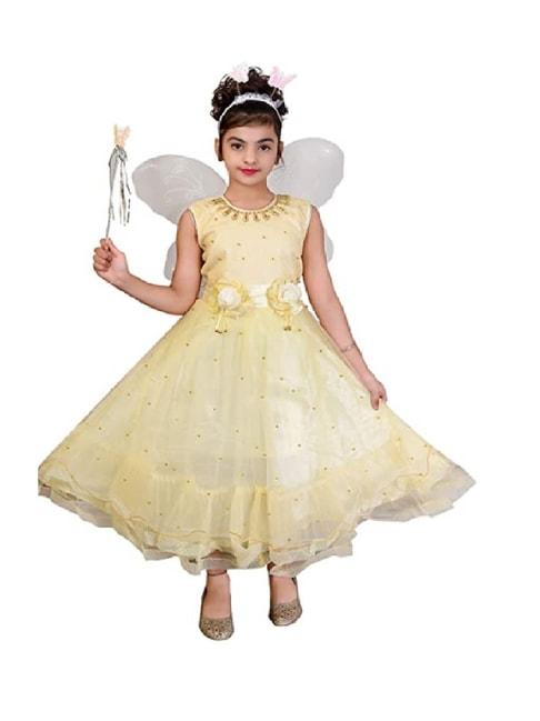 ahhaaaa kids beige embellished dress, wings, hair band with fairy stick