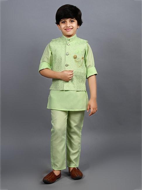 ahhaaaa kids green embellished full sleeves sherwani, jacket & pyjamas