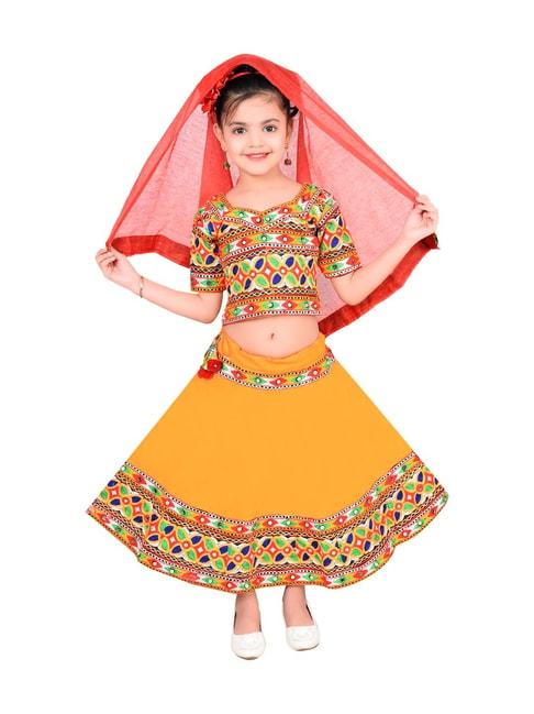 ahhaaaa kids yellow & red cotton embroidered lehenga cholis