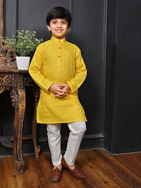 ahhaaaa kids yellow & white embellished full sleeves kurta with pyjamas