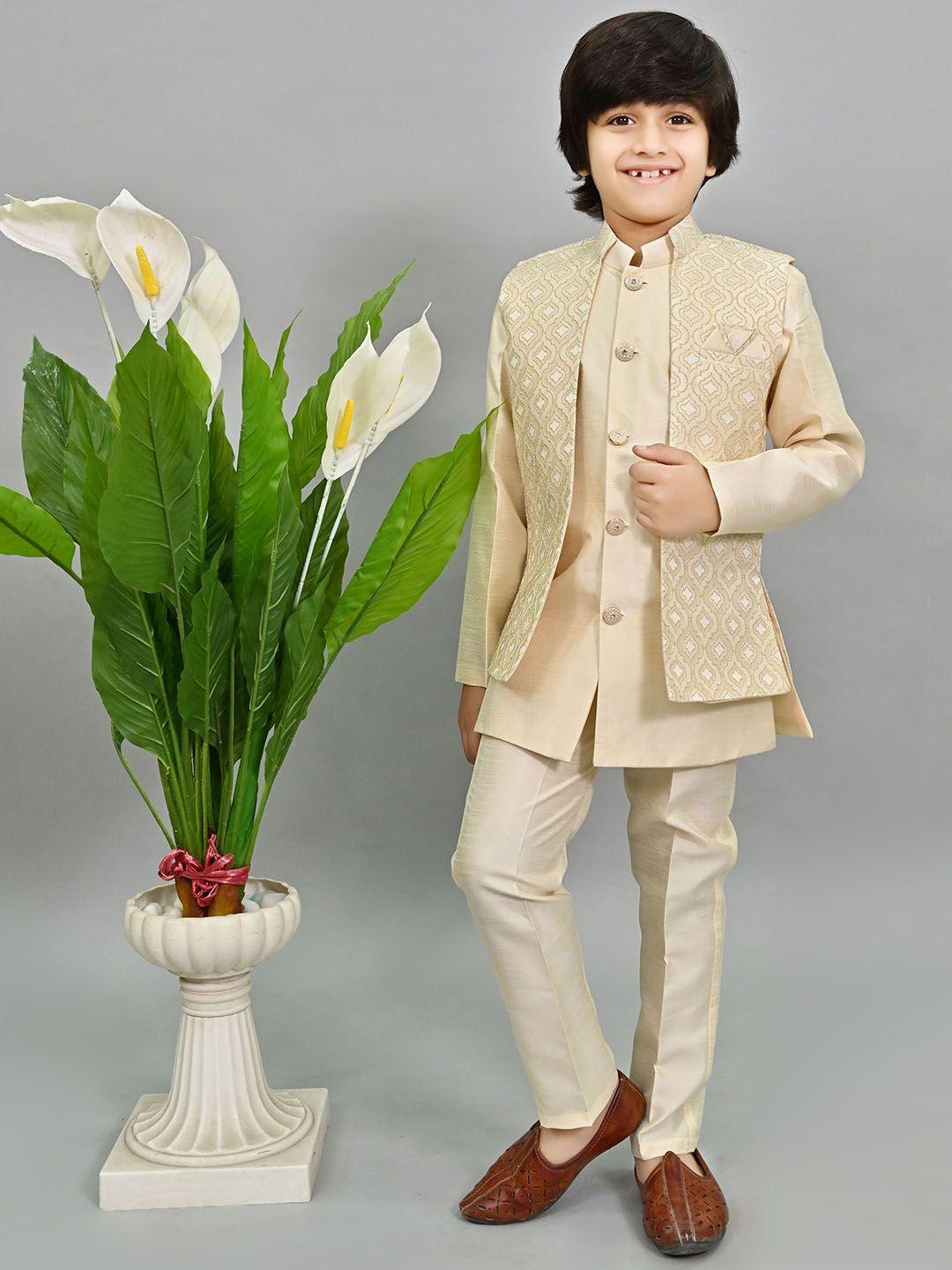 ahhaaaa boys beige ethnic motifs embroidered regular sequinned kurta with trousers & with dupatta