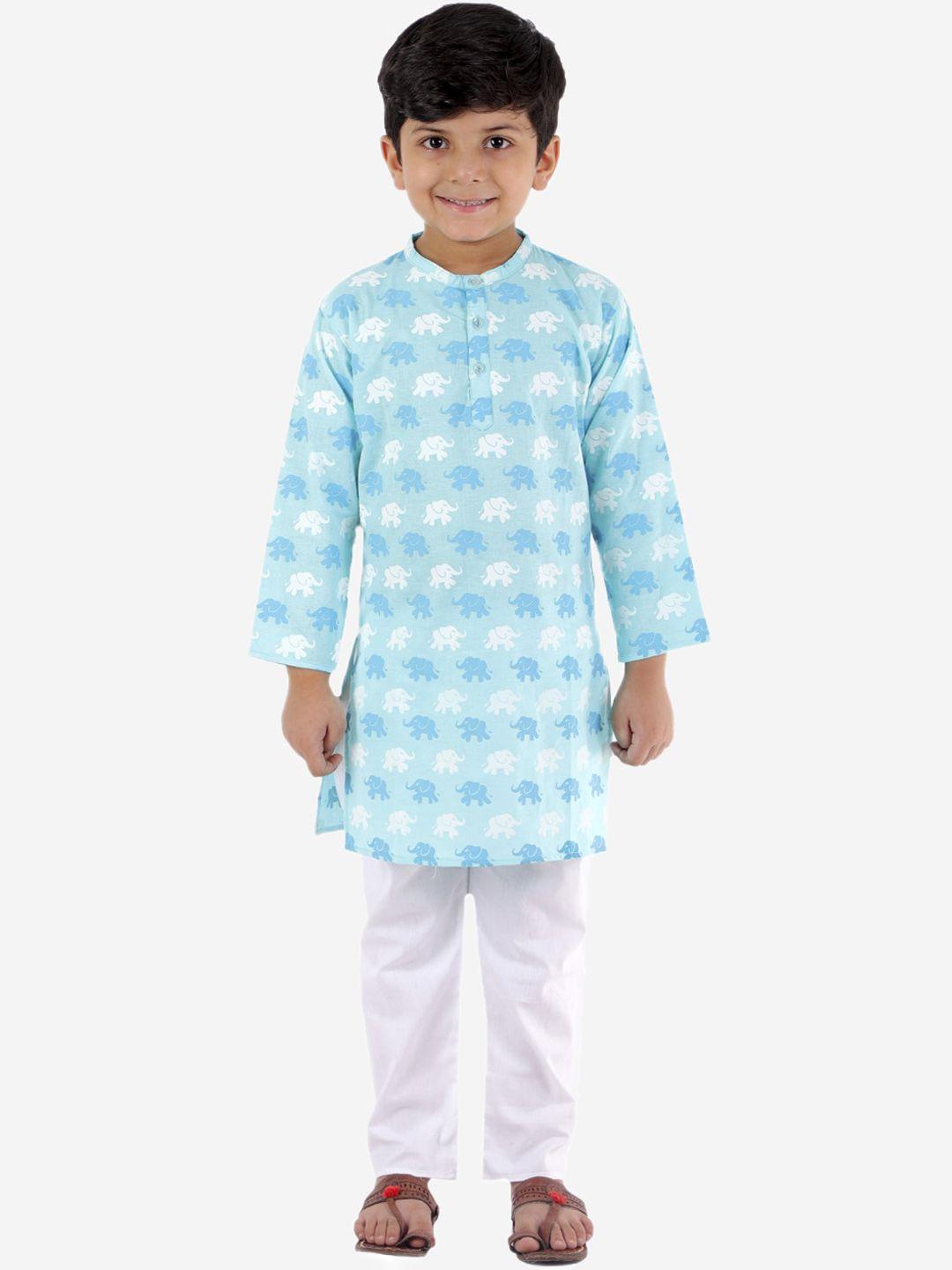 ahhaaaa boys blue printed pure cotton kurta with pyjamas