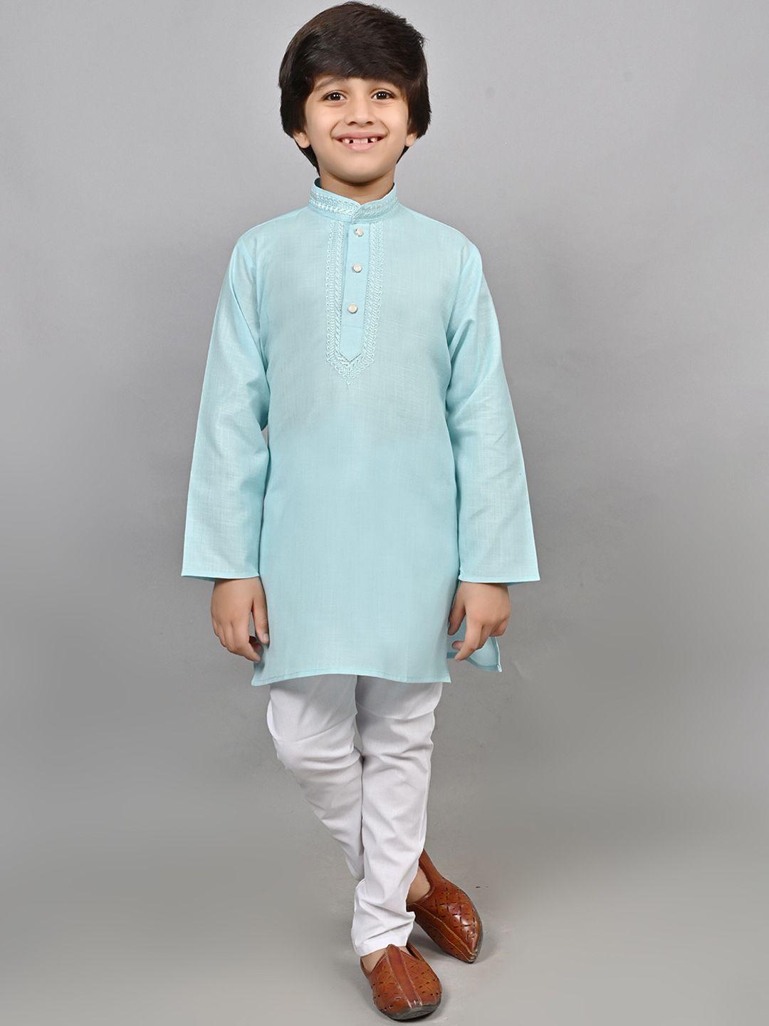 ahhaaaa boys blue regular thread work kurta with pyjamas