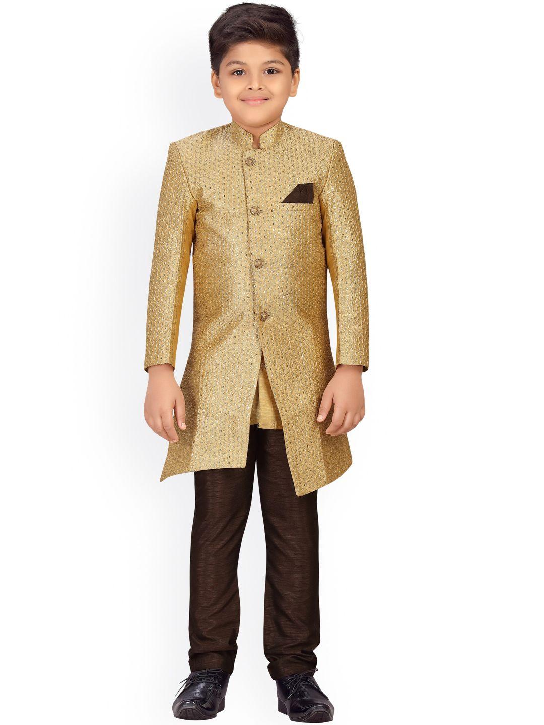 ahhaaaa boys gold-coloured & brown embroidered sherwani set