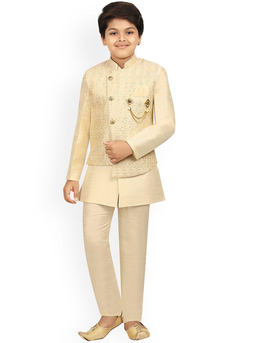 ahhaaaa boys gold coloured woven design sherwani set