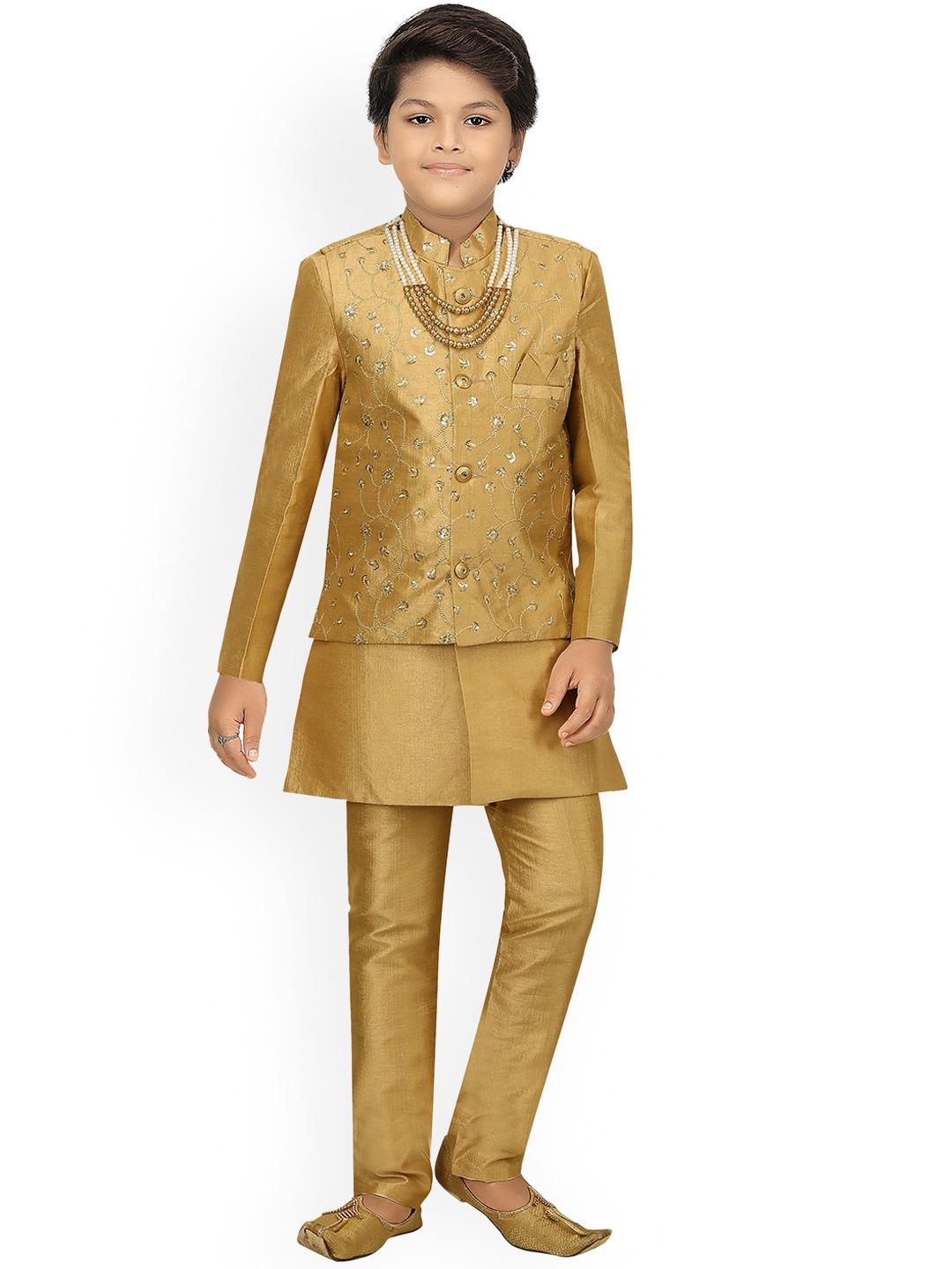 ahhaaaa boys gold self-design sherwani set with waistcoat