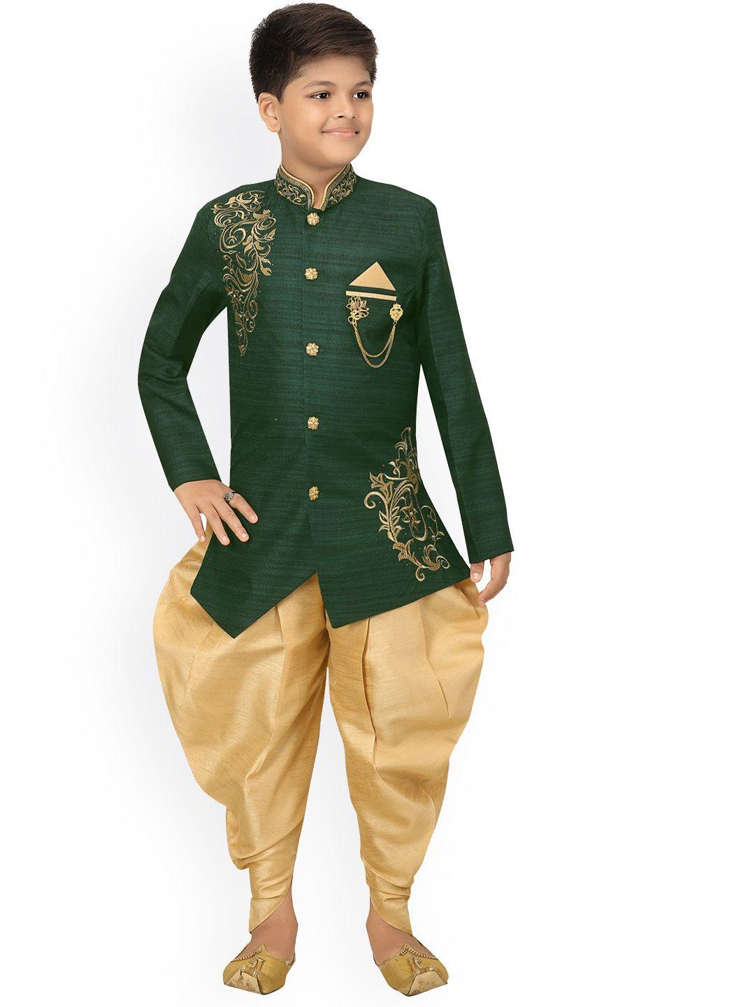 ahhaaaa boys green & gold-toned printed sherwani set
