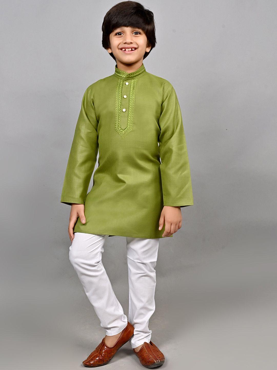 ahhaaaa boys green ethnic motifs yoke design regular thread work kurta with pyjamas