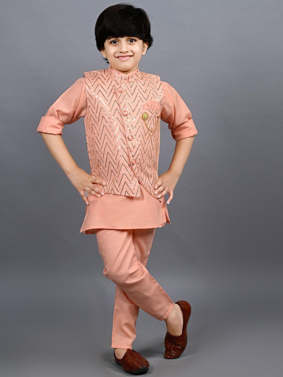 ahhaaaa boys mandarin collar kurta with trousers & chevron sequinned nehru jacket