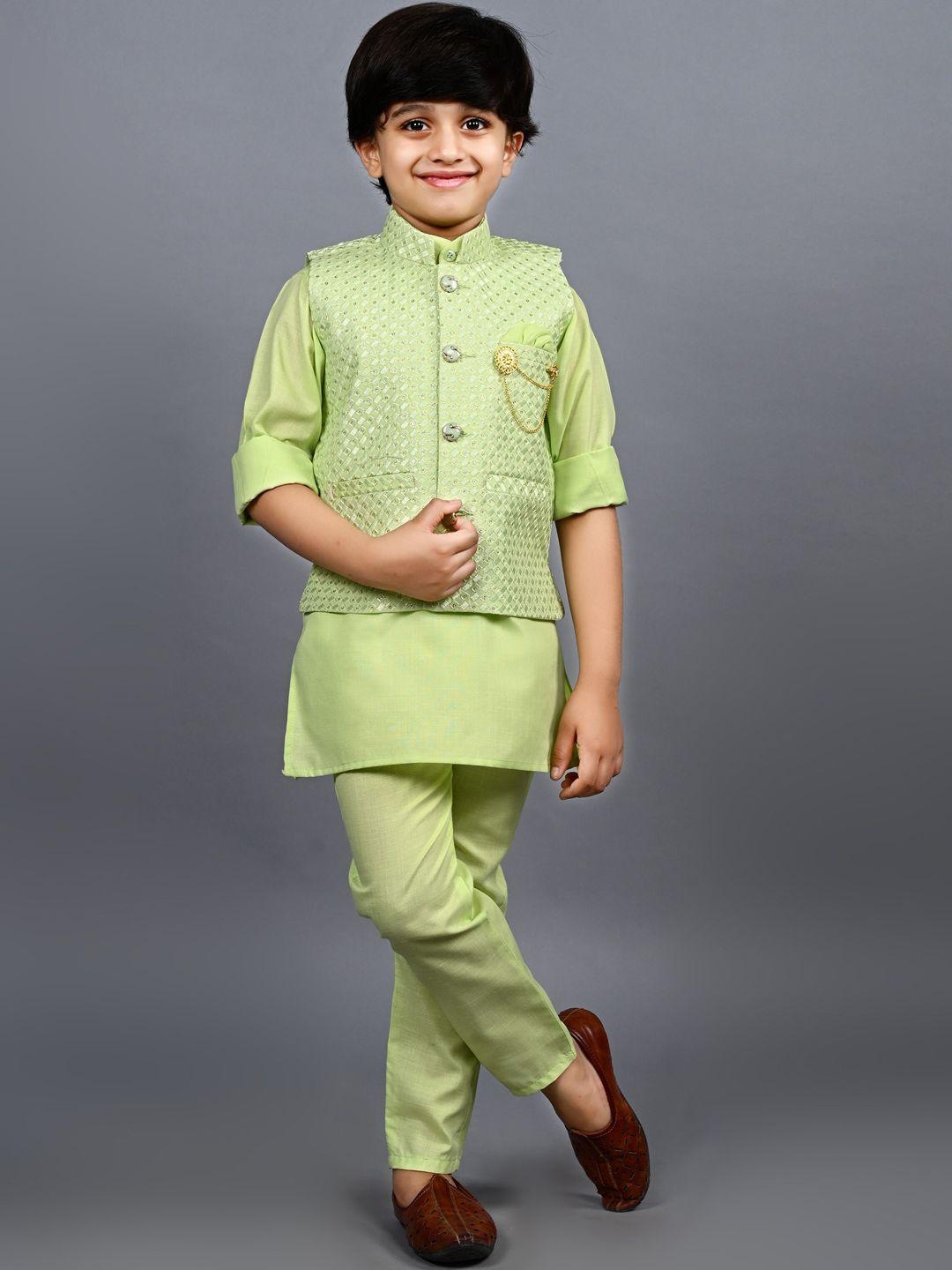 ahhaaaa boys mandarin collar kurta with trousers & geometric thread work nehru jacket set