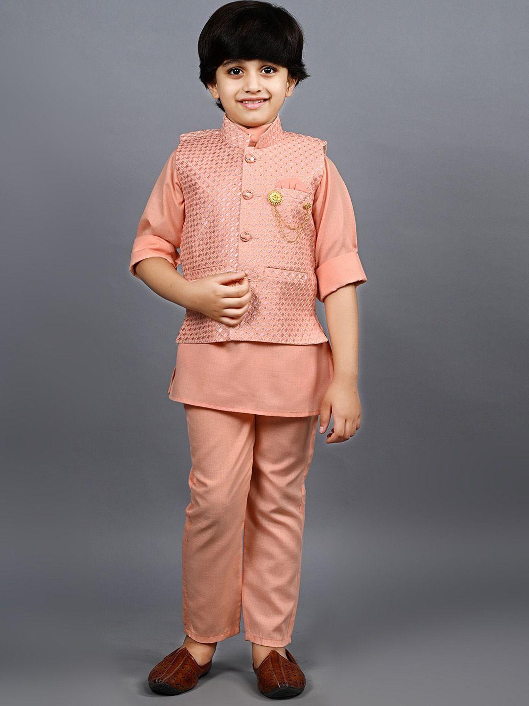 ahhaaaa boys mandarin collar kurta with trousers & thread work nehru jacket