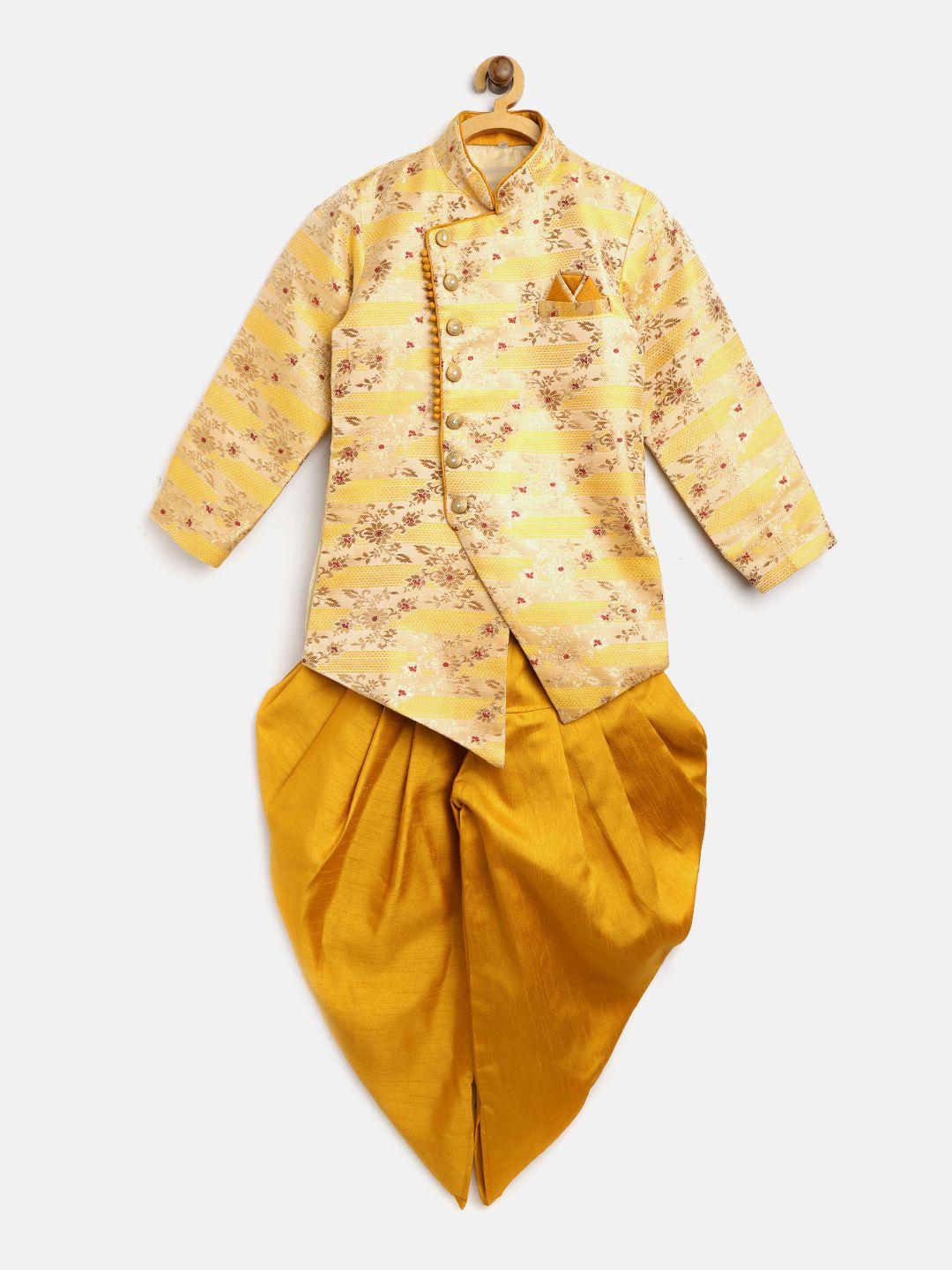 ahhaaaa boys mustard yellow & beige silk patterned sherwani