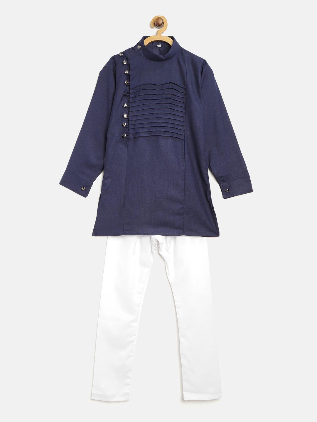 ahhaaaa boys navy blue & white solid angrakha kurta with pyjamas